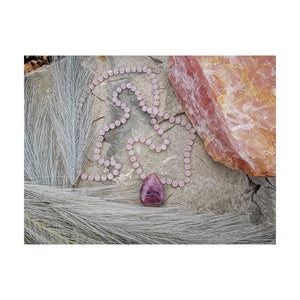 Hand-knotted Rose Quartz Mala Necklace ~108 Bead Mala with Gemmy Rose Quartz Point