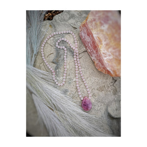 Hand-knotted Rose Quartz Mala Necklace ~108 Bead Mala with Gemmy Rose Quartz Point