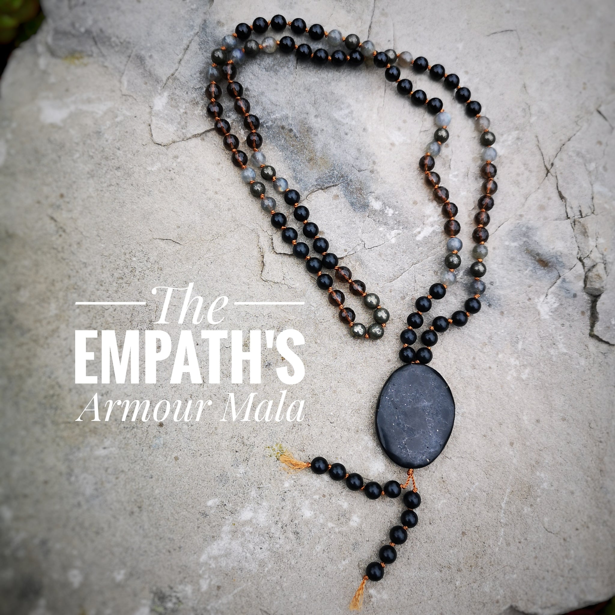 The Empath's Armour Mala Necklace / Shungite, Smoky Quartz, Black Tourmaline, Pyrite & Labradorite provide an armour to protect empaths