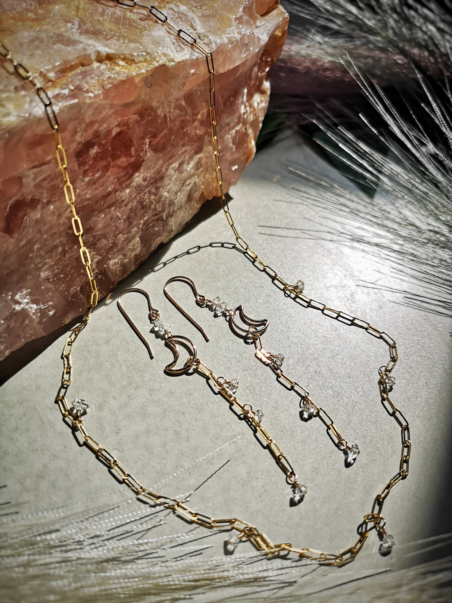 To the Moon & Back Earrings / 14k Gold Filled Earrings with Clear Herkimer Diamond Quartz