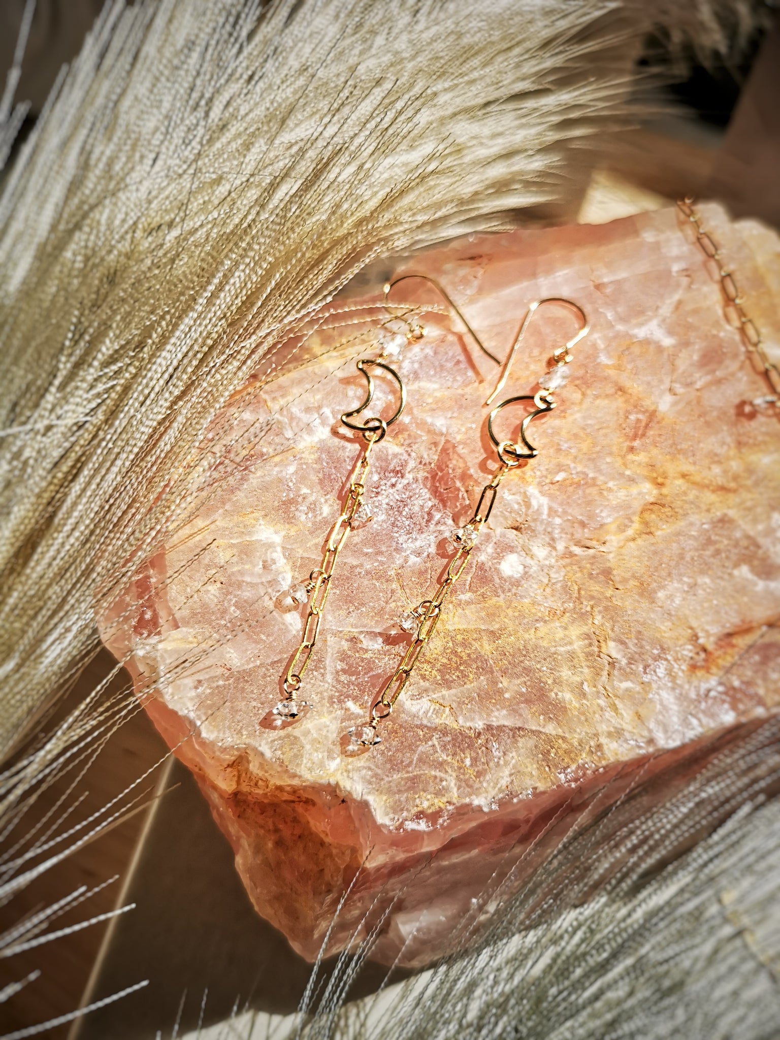 To the Moon & Back Earrings / 14k Gold Filled Earrings with Clear Herkimer Diamond Quartz