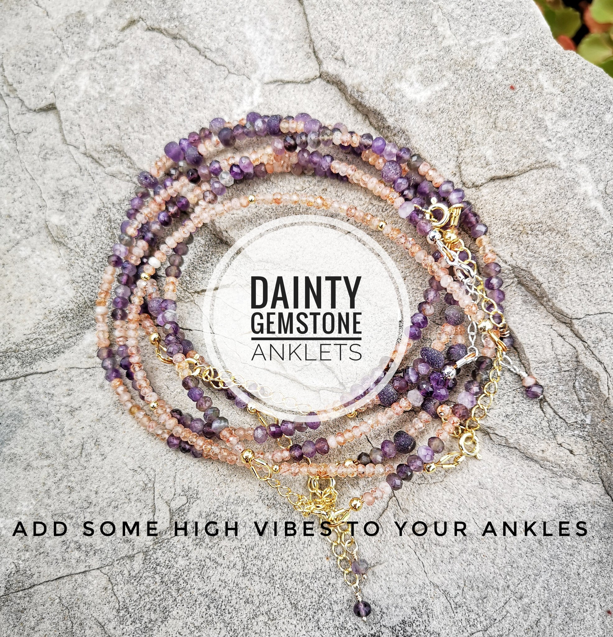 Gemstone Anklets | Dainty Microfaceted Amethyst - Sunstone Clasped Anklet | Gift for Mom, Wife, Sister | Summer Jewelry