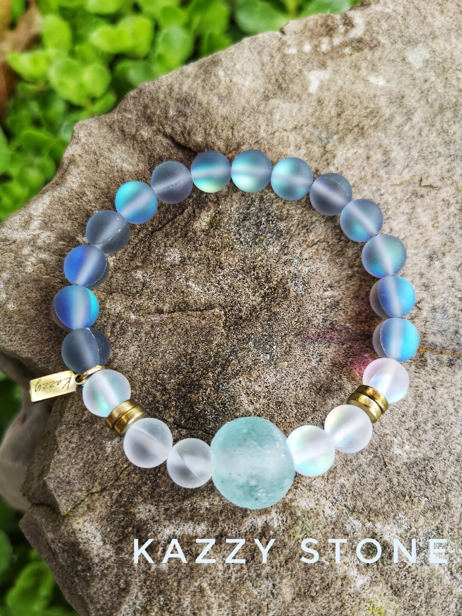 Mystic Aura Quartz & Recycled Glass Bead Gemstone Bracelet