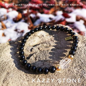 Tibetan Quartz and Black Tourmaline Mala Bracelet / / Gemstone Bracelet / / Stacking Bracelet