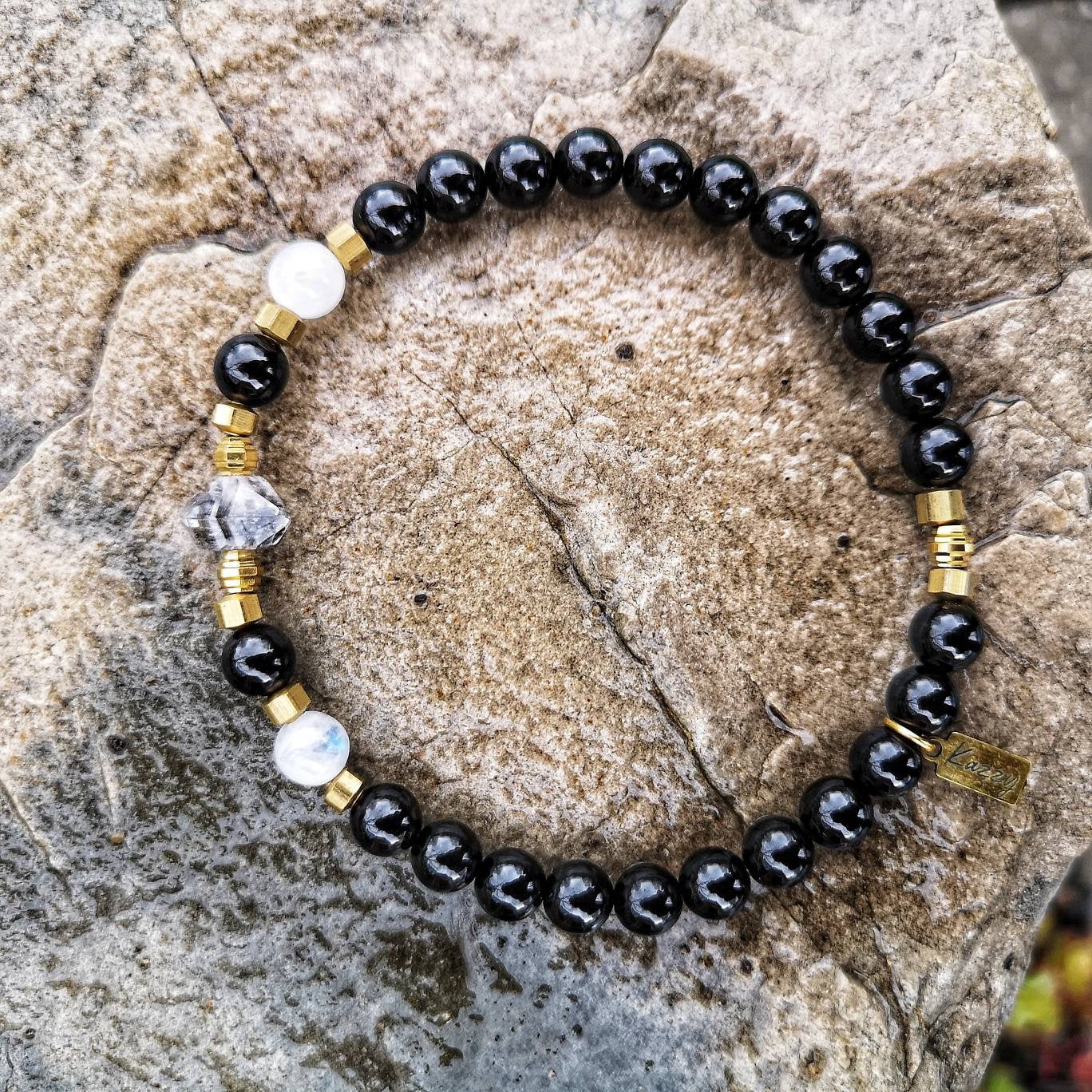 Herkimer Diamond, Moonstone and Black Tourmaline Mala Bracelet