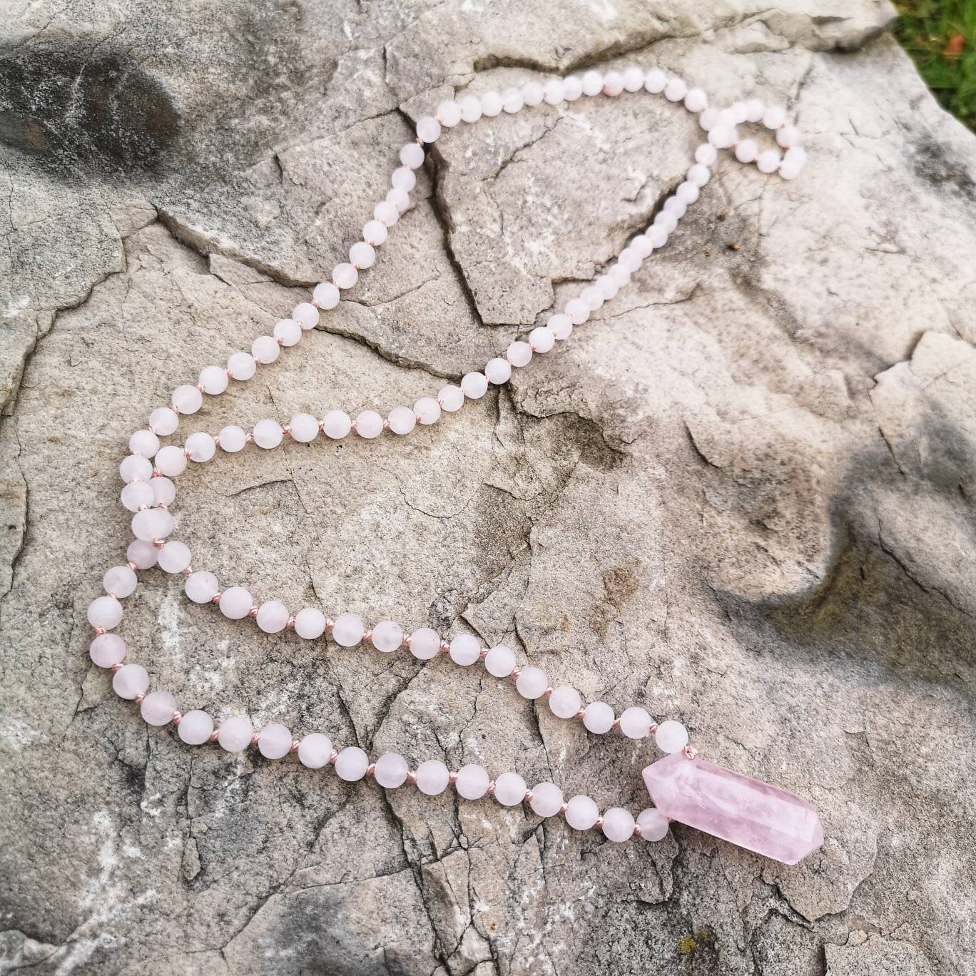 Hand-knotted Rose Quartz Mala Necklace ~108 Bead Mala with Gemmy Rose Quartz Point