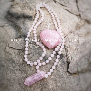 Hand-knotted Rose Quartz Mala Necklace ~108 Bead Mala with Gemmy Rose Quartz Point