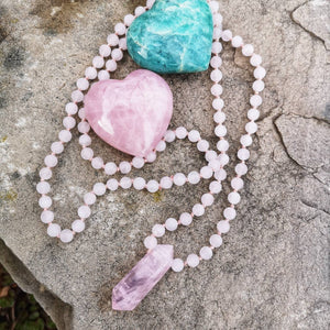 Hand-knotted Rose Quartz Mala Necklace ~108 Bead Mala with Gemmy Rose Quartz Point