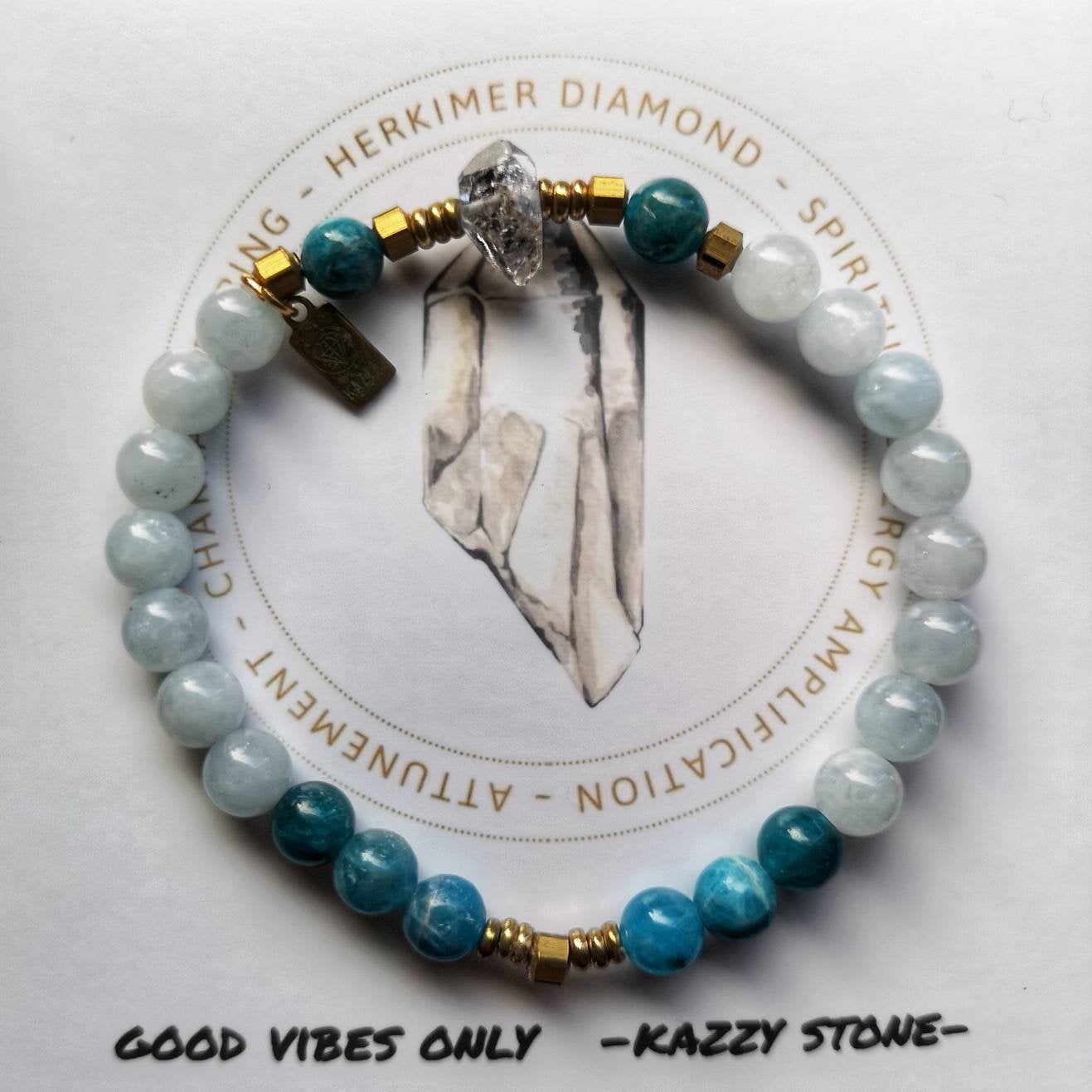 Herkimer Diamond, Blue Apatite  & Aquamarine Mala Bracelet